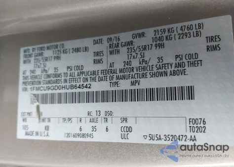 2017 Ford Escape Se z USA, uszkodzony, nr VIN 1FMCU9GD0HUB64542